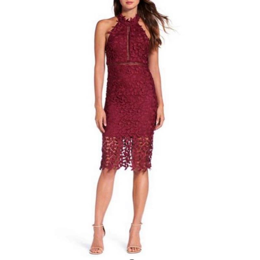 Bardot Gemma Halter Lace Sheath Dress In Burgundy Wine Red